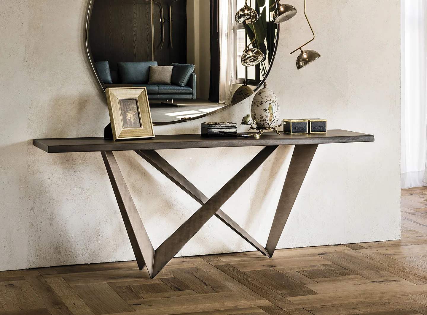 Westin console - Brushed Bronze base and Burned oak top