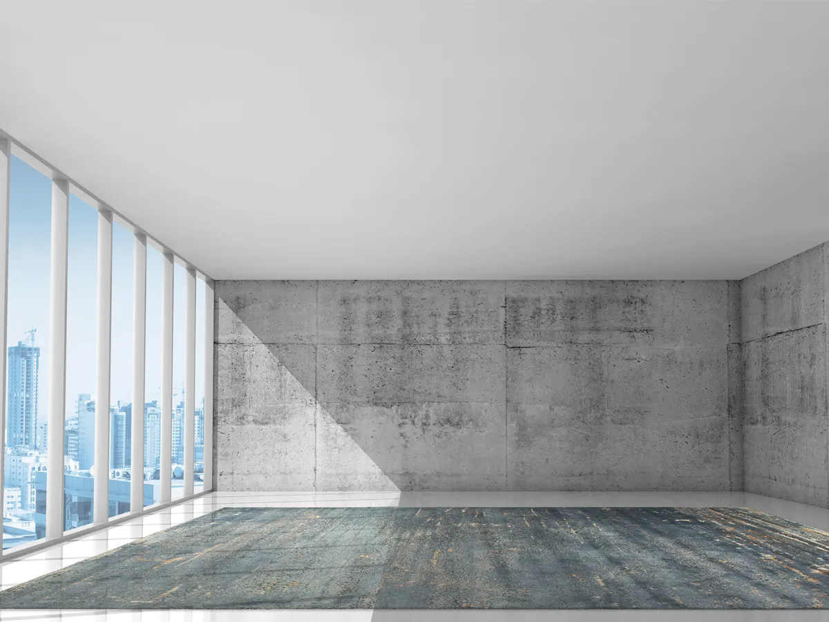 Foto of a building in a metropolitan city with concrete walls and a Rug with blue shades positioned in the middle covering the floor.