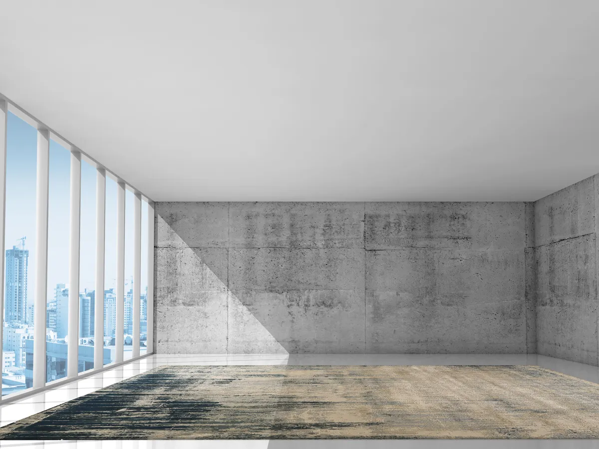 Foto of a building in a metropolitan city with concrete walls and a Rug with blue & sand shades positioned in the middle covering the floor.