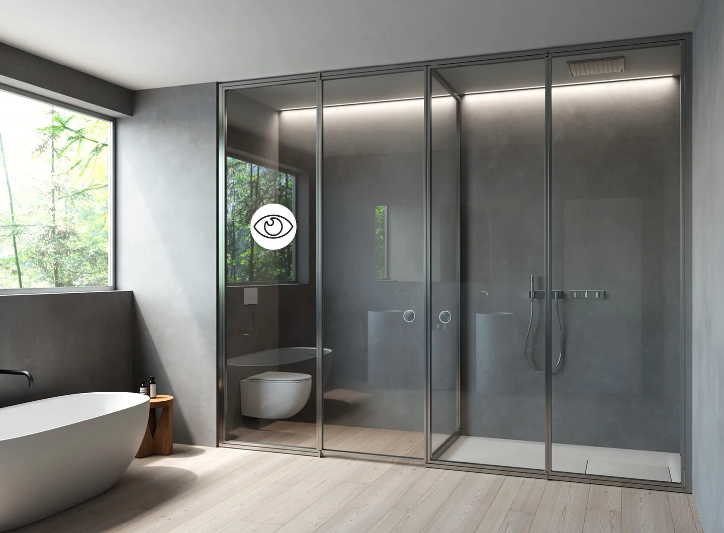 Vismaravetro - sistema pareti a tenuta d’acqua per bagni privati e ambienti contract con Securplus LCD glass  - Suite+Securplus LCD glass