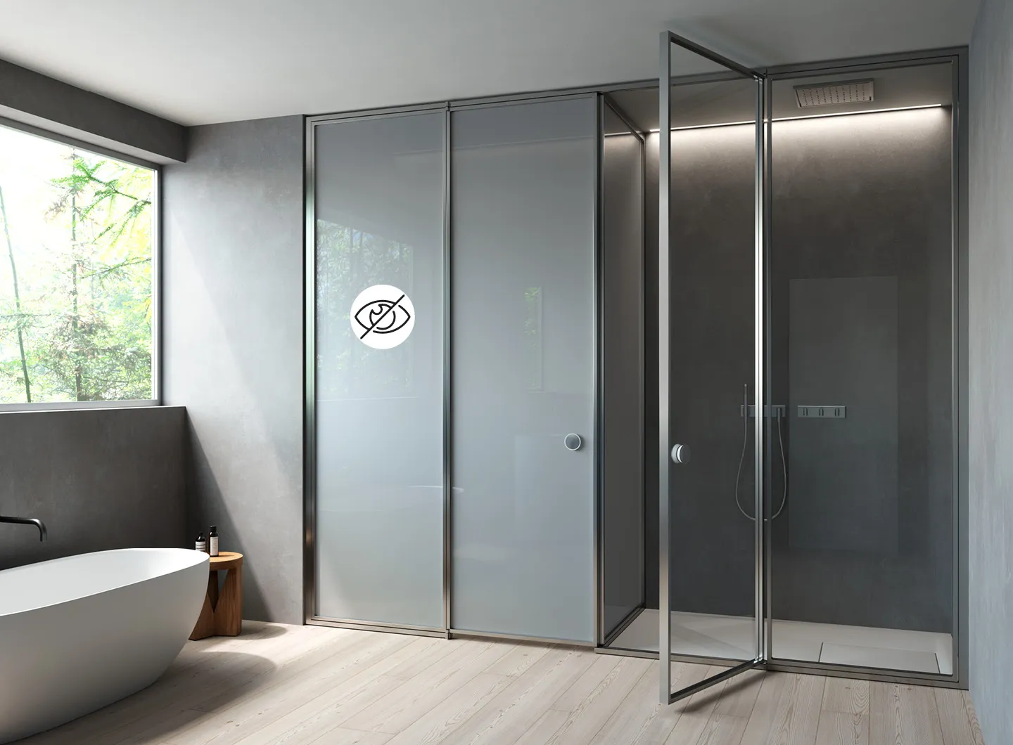 Vismaravetro - Glass partition walls for bathrooms and contract orders with + Securplus LCD glass - Suite+ Securplus LCD glass