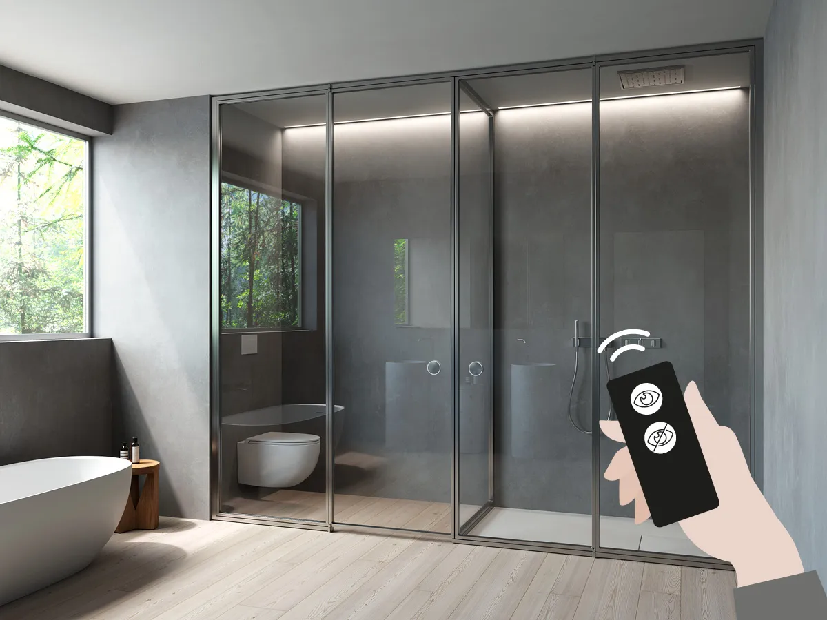 Vismaravetro - sistema pareti a tenuta d’acqua per bagni privati e ambienti contract con Securplus LCD glass  - Suite+Securplus LCD glass