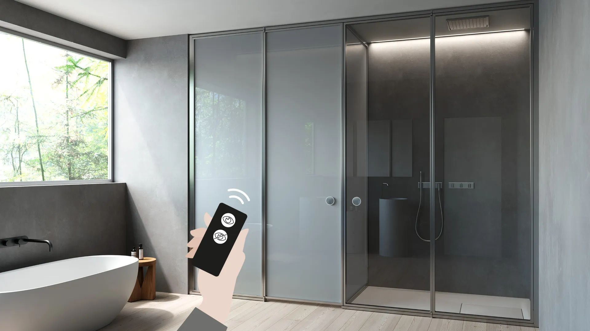Vismaravetro - sistema pareti a tenuta d’acqua per bagni privati e ambienti contract con Securplus LCD glass - Suite+Securplus LCD glass