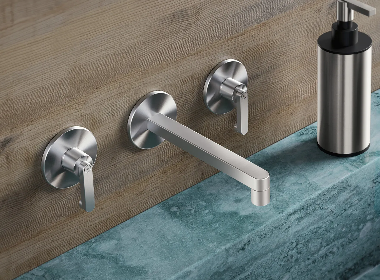 3-hole wall-mounted basin set, brushed steel - KIR28