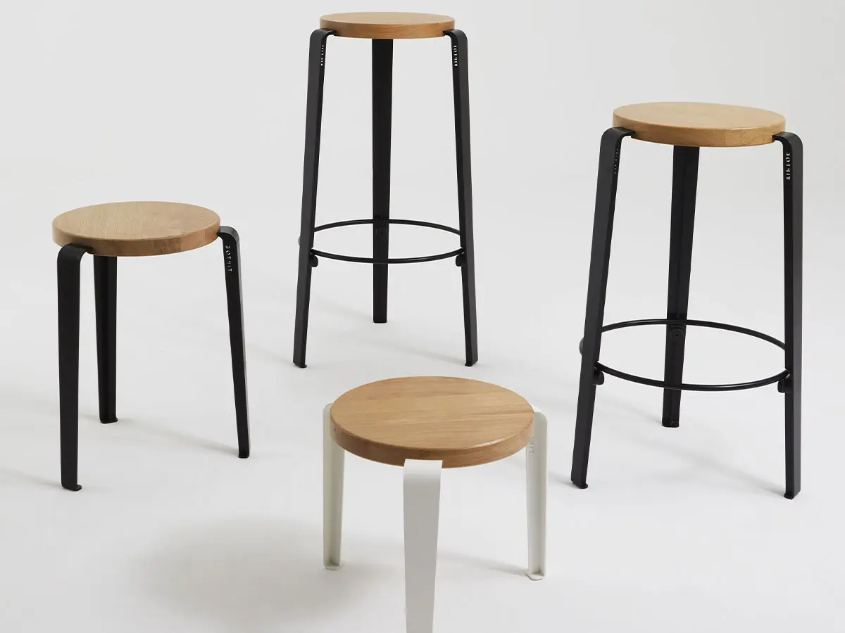 LOU stool, available in 4 sizes, 3 finishes and 8 colours 