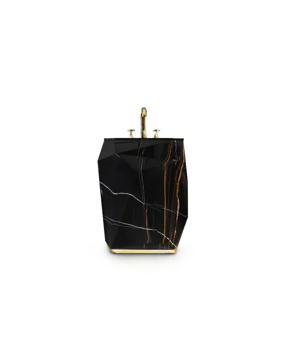 Il lavabo Diamond Faux Marble Pedestal è caratterizzato da un'abbagliante struttura in legno con finitura lucida in finto marmo, in perfetto contrasto con l'interno, rivestito in foglia d'oro.