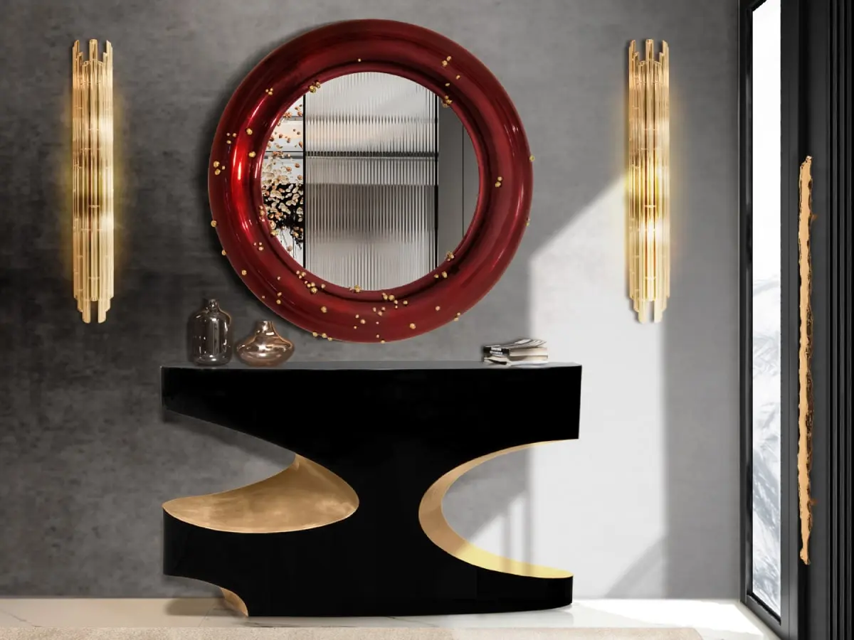 MODERN ENTRYWAY WITH BLACK, GOLD AND RED DETAILS