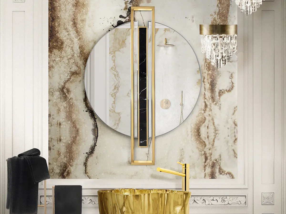 Bagno moderno di design con accenti dorati e specchio scudo.