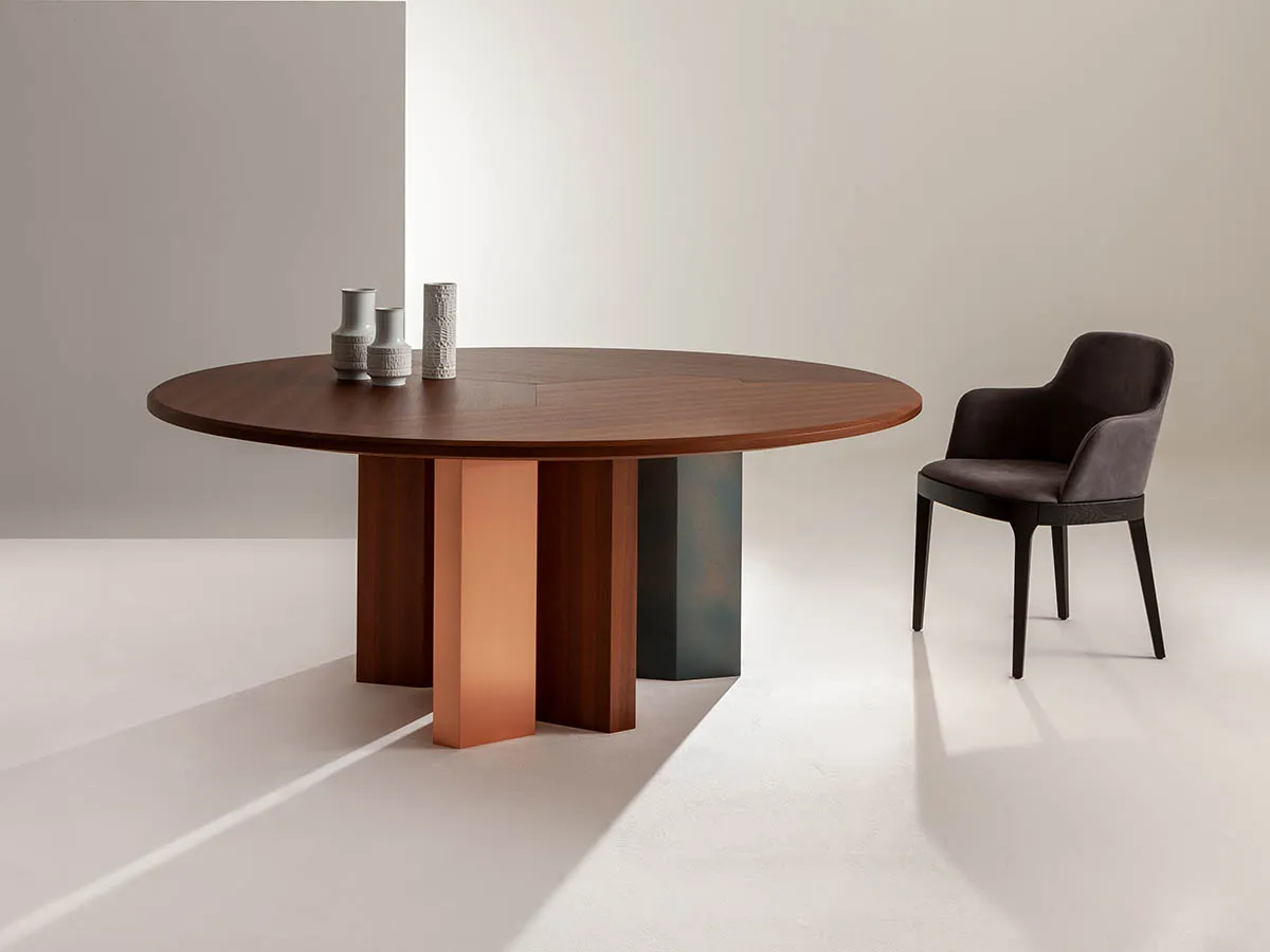 laurameroni imperfetto rounded design table in wood and metal lacquering