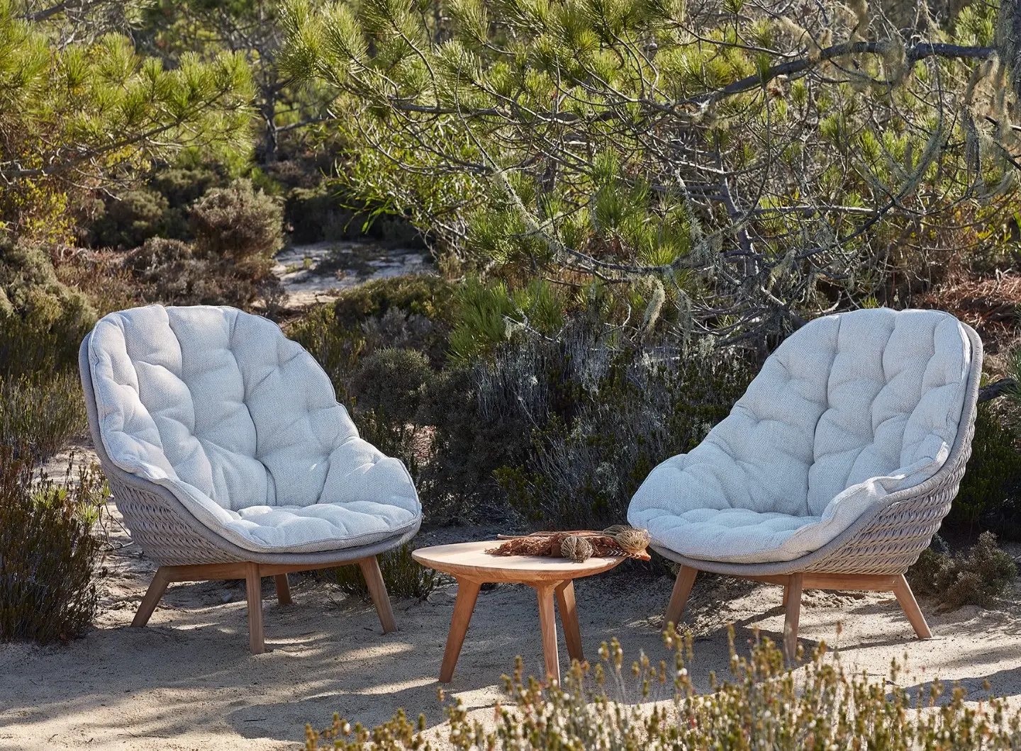 Sandua high back lounge chair, Torsa organic coffee table
