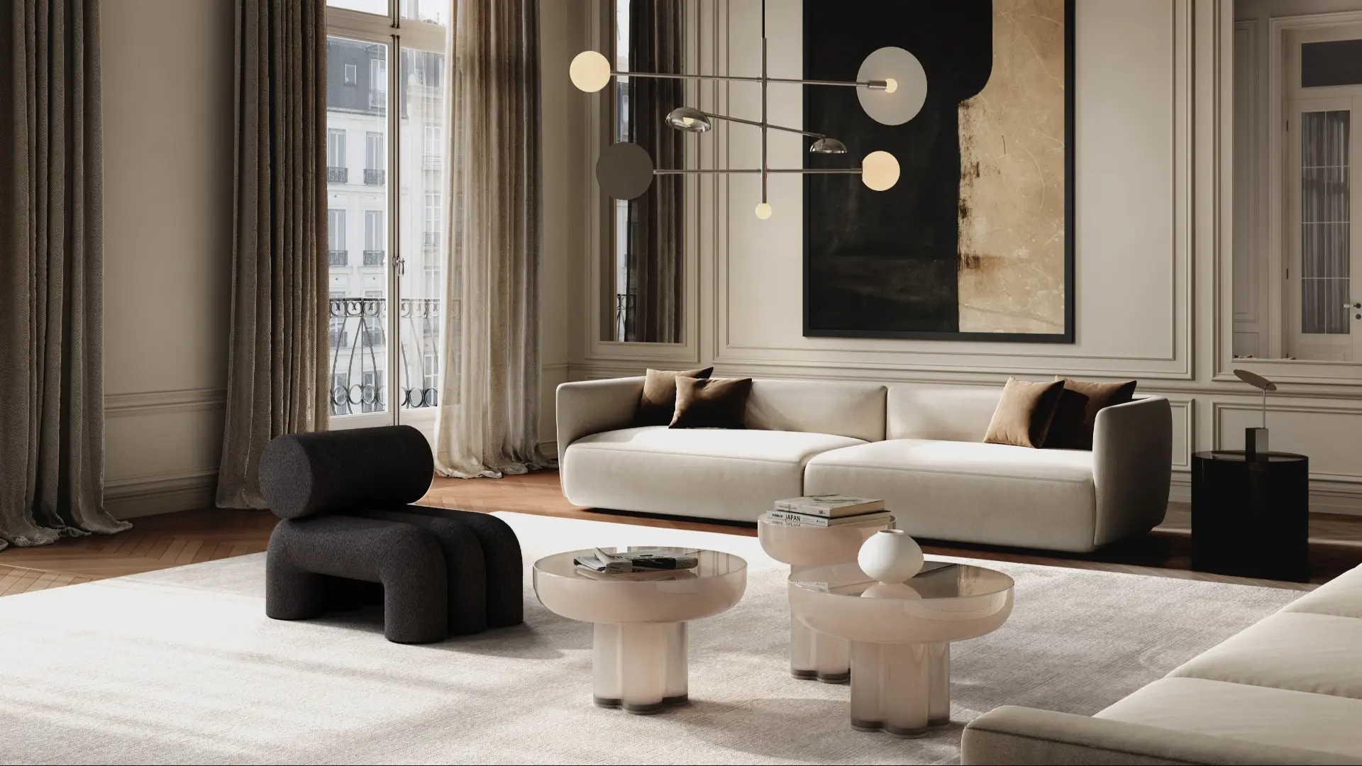 101 Copenhagen new collection including chandelier, chair and coffee tables.